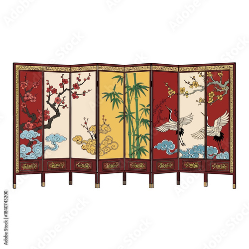 Decorative folding screen with nature themed art panels in various colors.