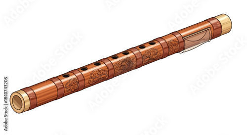 Brown wooden flute with finger holes and light colored ends on white background.