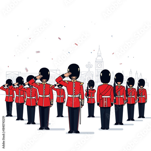 Group of toy soldiers in red uniforms and black hats saluting.