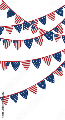 Triangle bunting flags in red and blue colors hanging on strings against white.