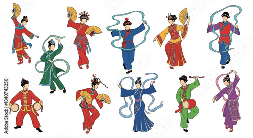 Illustrations of people in traditional asian clothing performing dance with fans and ribbons.