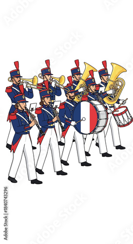 Illustration of a marching band wearing historical military uniforms playing instruments.