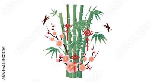 Bamboo stalks with flowers and butterflies on a white background illustration.