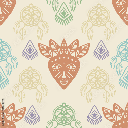 Ethnic seamless pattern with native american indian headdress and feathers