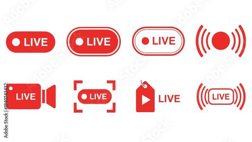Collection of modern vector live stream icons for online broadcasting. Red graphic elements and buttons indicating real-time video content