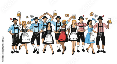 Group of people in traditional clothing holding beer mugs celebrating a festival.