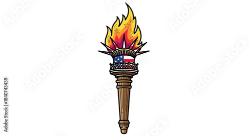 A stylized torch with a wooden handle and bright orange and yellow flames.
