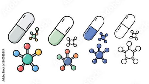 Set of colorful molecular structure icons including pills and capsules, representing science and medicine