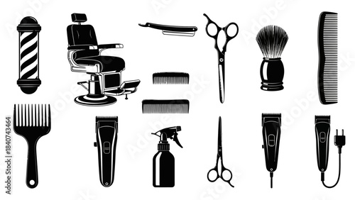 Comprehensive collection of essential barber tools and grooming equipment presented in a sleek, solid black and white vector illustration for professional use in salons and shops