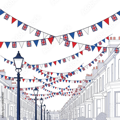 Street scene with bunting strung between buildings and streetlights in a row.