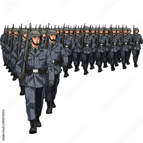 Group of soldiers in uniform marching in formation against a white background.
