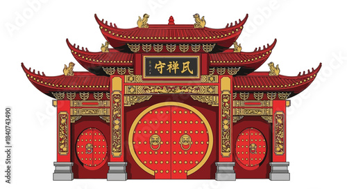Ornate red asian gate with curved roof and gold accents on white background.