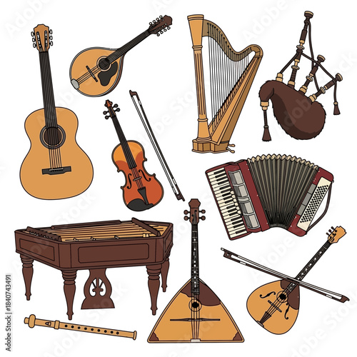 Collection of various string and wind musical instruments arranged on a white background.
