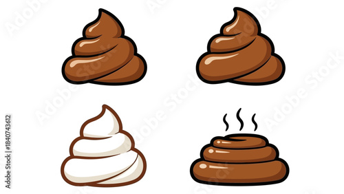 Collection of stylized brown and white poop emojis representing different forms of excrement and waste with steam, isolated on a white background for diverse messaging and fun use cases