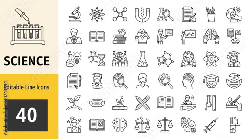 Collection of Line Icons Representing Scientific Concepts and Research Tools for Educational and Technological Applications