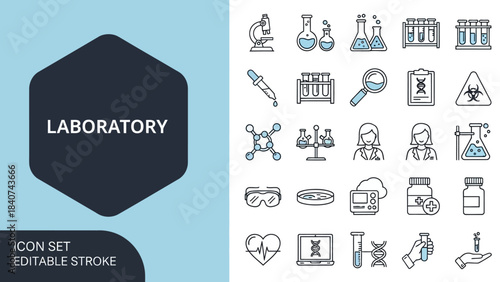 Collection of sleek solid vector line icons representing scientific laboratory tools, research experiments, and medical innovation, ideal for modern tech and healthcare projects