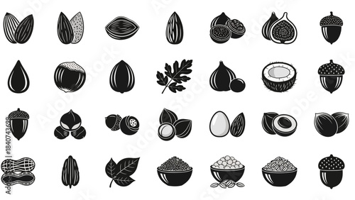 Elegant Assortment of Solid Black and White Vector Icons Depicting Natural Nuts, Seeds, and Dried Fruits, Ideal for Healthy Lifestyle and Food-Related Design Resources