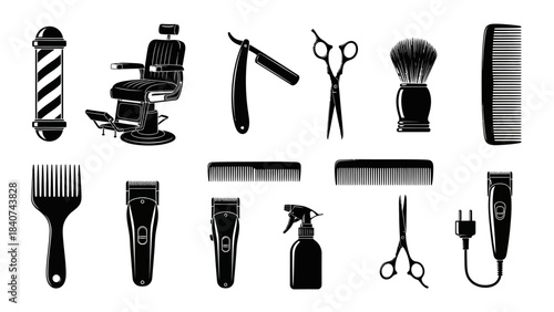 Sleek solid black silhouettes of essential barber shop tools and hair grooming equipment, ideal for professional salon branding and design projects
