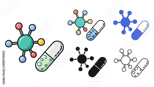Sleek icons featuring medical capsules and virus or molecular structures, symbolizing health, science, and pharmaceutical treatment in clean, modern designs