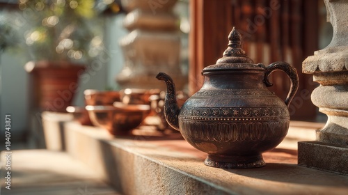 Vintage Still Life with Antique Teapot and Cups Displayed Outdoors