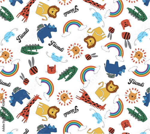 Giraffes rhino crocodile lion frog zoo pattern kids wear design Cute safari family animals