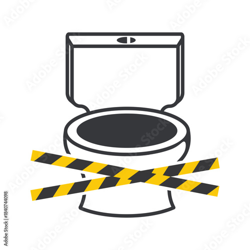 Isolated icon toilet or restroom and crossed yellow stripes tape, showing bathroom temporary out of order or service warning.
