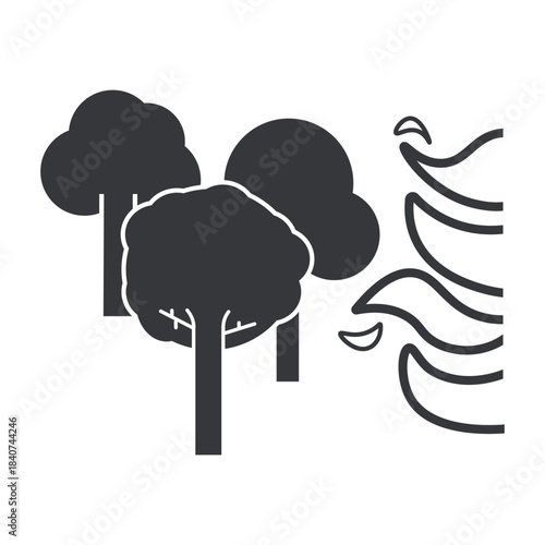 Isolated pictogram showing trees with flames, symbolizing forest fire danger, wildfire risk warning, environmental safety sign for camping areas.