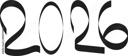 Elegant black ribbon typography design spelling out the year two thousand twenty six for celebrations.