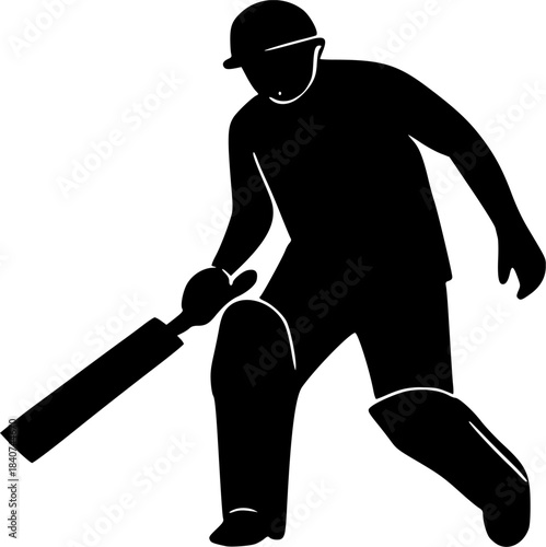 Silhouette of a cricket batsman playing a shot with a bat and wearing protective gear