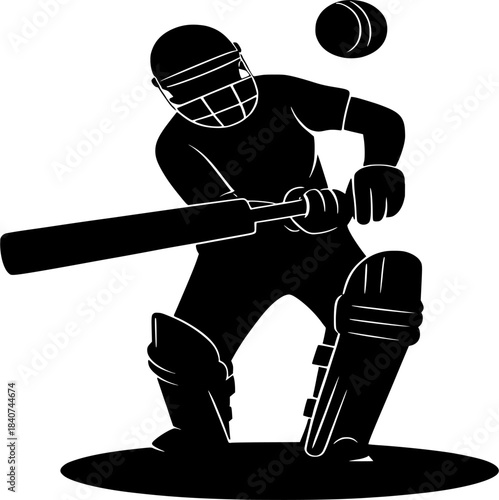Silhouette of a cricket batsman playing a shot, hitting the ball with a bat, wearing a helmet and pads