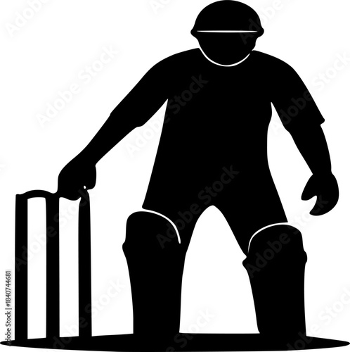 Silhouette of a cricket wicketkeeper standing behind the wickets ready to catch the ball, sports icon, black and white graphic