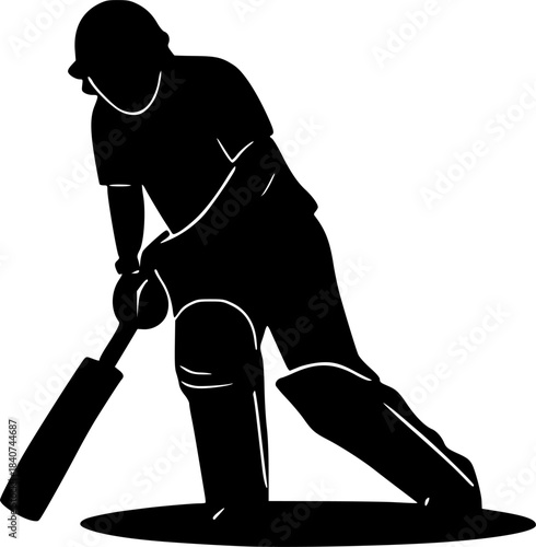 Silhouette of a cricket batsman playing a shot with a bat and pads