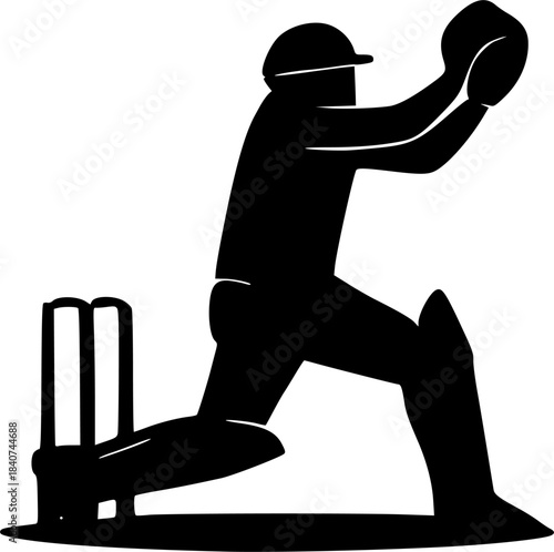 Silhouette of a cricket wicket keeper catching the ball near the wickets