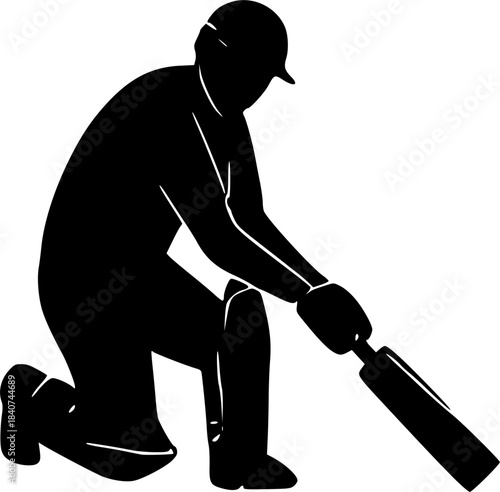Silhouette of a cricket batsman in a defensive stance, ready to play a shot