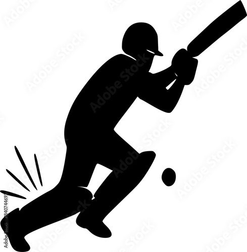 Silhouette of a cricket batsman playing a shot with a ball near his pads, graphic icon