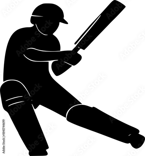 Silhouette of a cricket batsman playing a shot, ready to hit the ball with the bat, wearing protective gear and helmet