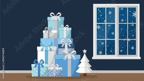 A festive winter scene with a stack of blue and white presents and a Christmas tree by a snowy window. Captures the cozy spirit of holiday celebrations and gift-giving