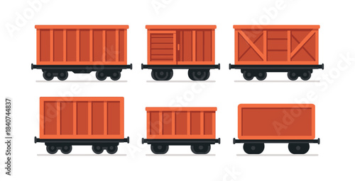 Cargo train cars set, flat vector illustration with freight wagons and railway