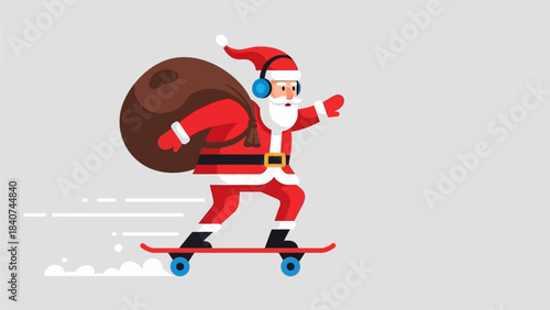 Dynamic Santa Claus skillfully gliding on a board with headphones, carrying a sack of presents, bringing modern festive cheer and speedy holiday delivery