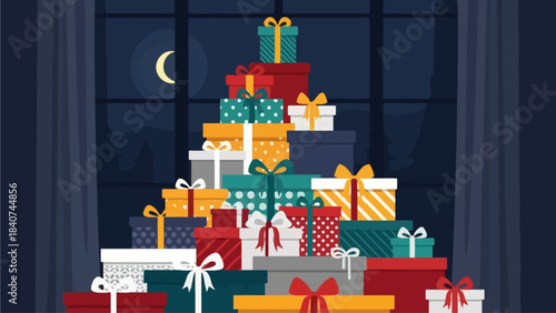 A festive pile of colorful wrapped presents stacked high like a sparkling tree, creating a cheerful display against the serene backdrop of a moonlit night, symbolizing holiday joy and generous giving