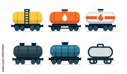 Train cargo car collection, tankers and containers, flat vector illustration