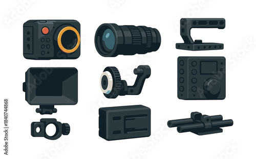 Camera gear set, flat vector illustration with lens, mount and accessories
