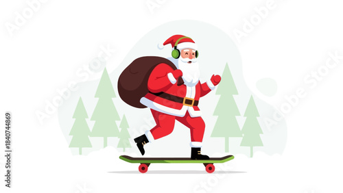 Santa Claus riding a skateboard with headphones and a gift sack, festive illustration