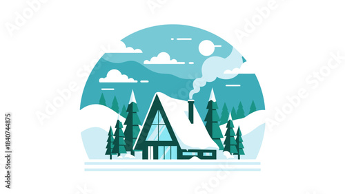 Serene winter landscape with a cozy A-frame cabin illustration. Snow-covered pine trees, mountains, and smoke from the chimney create a peaceful cold season escape