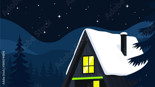 An enchanting winter night unfolds with a cozy A-frame cabin nestled amongst snow-covered pine trees under a breathtaking canopy of twinkling stars, evoking peace and serenity