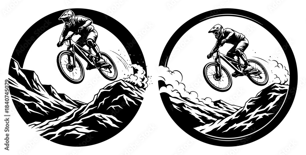 Fototapeta premium Mountain bike rider emblem set vector illustration. Cyclist jumping on MTB bicycle. Extreme sport silhouette logo.