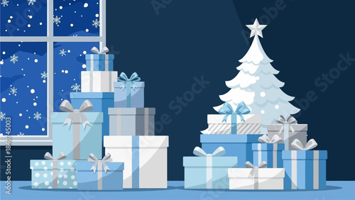 Beautiful Winter Scene with a Decorated Christmas Tree and Wrapped Presents by a Snowy Window
