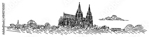 Gothic cathedral architecture vector illustration. Medieval church with twin spires. European religious building sketch.