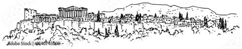 Acropolis of Athens panorama vector illustration. Ancient Greek Parthenon temple ruins on hill. Historical city sketch.