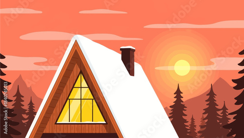 Cozy A-frame cabin nestled in snow-covered mountains during a vibrant sunset
